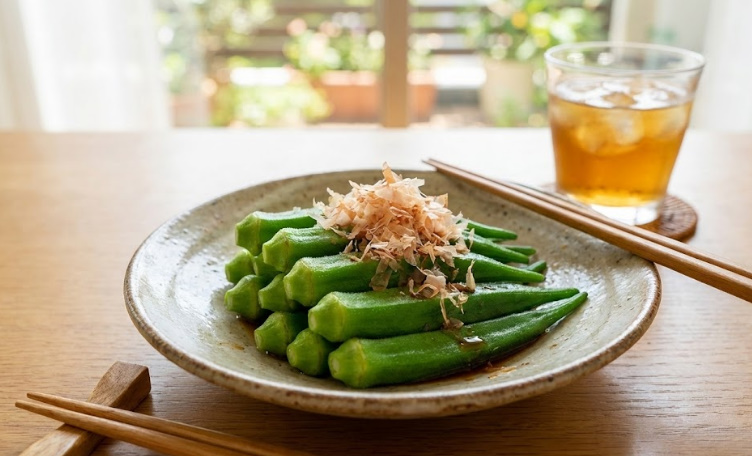 家庭菜園で収穫した採れたてオクラのお浸しと夏の食卓